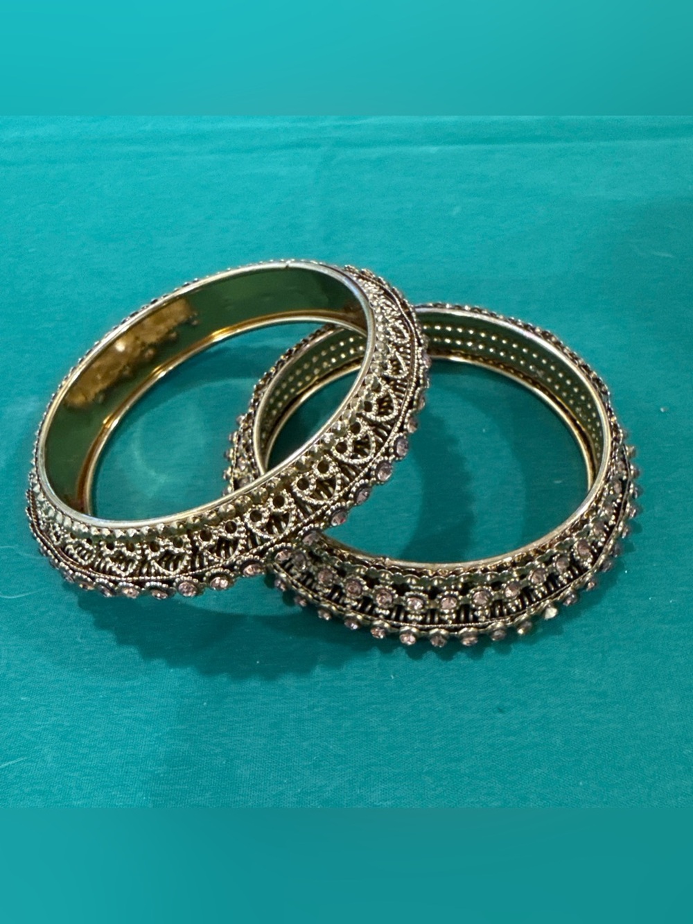 Pair Of Ornate Goldtone Bangle Bracelets W/Intricate Filigree Bands. 49F